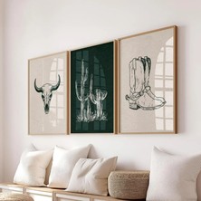 Pam Studio Western Kovboy Temalı 3’lü Poster Seti – Kaktüs, Çizme ve Buffalo Kafatası Illüstrasyon Duvar Dekoru