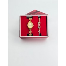 Tesbih-i Hazır Tesbihçilik Altın Renk Kadın Kol Saati & Taşlı Sonsuzluk Bileklik Hediye Seti (Kutulu)