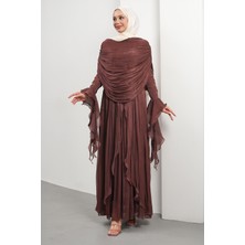 İmaj Butik Mürdüm Seyyar Pelerinli Fırfırlı Abiye