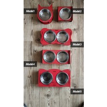 Patilemece Ahşap Kedi Köpek Paslanmaz Çelik Kırmızı Mama ve Su Kabı