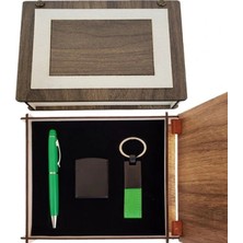 Marsilyan Özel Ahşap Kutulu Yeşil Anahtarlık Kalem ve Çakmak Set