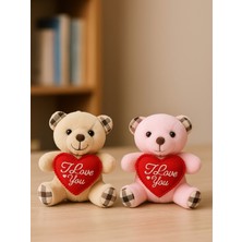 Biton Toptan 2 Adet Sevimli Mini Peluş Ayıcık - Kalpli 'ı Love You' Mesajlı 11X9 cm