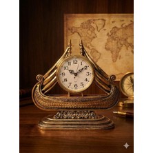 Deco Elit Büyük Boy Vintage Gemi Tasarımlı Dekoratif Masa Saati | Antik Gold Koleksiyonluk Klasik Saat 28 cm