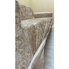 Parlak Kadife Geometrik Desenli Koruyucu Kolsuz Koltuk Örtüsü - Vizon - 3+2+2 (3 Parça Set)