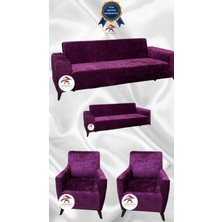 Parlak Kadife Geometrik Desenli Koruyucu Giydirme Koltuk Örtüsü - Fuşya - 3+2+1+1 (4 Parça Set)