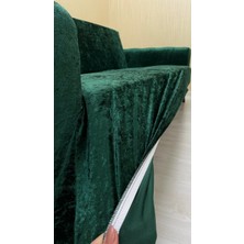 Parlak Kadife Geometrik Desenli Koruyucu Kolsuz Koltuk Örtüsü - Zümrüt Yeşili - 3+3+1 (3 Parça Set)