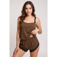 SHC4200 Kadın Kahverengi Dantelli Şortlu Pijama Takımı – Rahat, Şık ve 4 Mevsim Kullanım