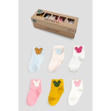 Defne Baby 6 Çift Kutulu Hayvan Aksesuarlı Pamuklu Kız Newborn Yeni Doğan ve Bebek Çorabı 0-6 Ay
