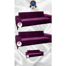 Parlak Kadife Geometrik Desenli Koruyucu Giydirme Koltuk Örtüsü - Fuşya - 3+3+2 (3 Parça Set)
