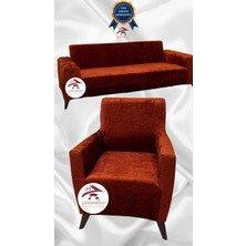 Parlak Kadife Geometrik Desenli Koruyucu Giydirme Koltuk Örtüsü - Kiremit - 3+1 (2 Parça Set)