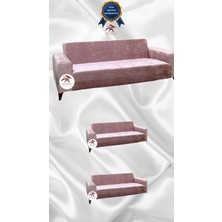 Parlak Kadife Geometrik Desenli Koruyucu Giydirme Koltuk Örtüsü - Pudra - 3+2+2 (3 Parça Set)