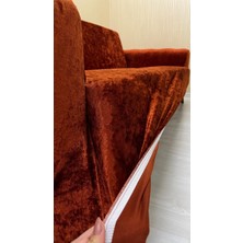 Parlak Kadife Geometrik Desenli Koruyucu Kolsuz Koltuk Örtüsü - Kiremit - 3+3+1 (3 Parça Set)