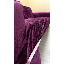 Parlak Kadife Geometrik Desenli Koruyucu Kolsuz Koltuk Örtüsü - Fuşya - 3+3+1 (3 Parça Set)