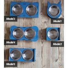 Patilemece Ahşap Kedi Köpek Paslanmaz Çelik Mavi Mama ve Su Kabı