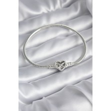 Pazarcan Pirinç Gümüş Renk Zirkon Taşlı Kalp Sonsuzluk Model Charm Kadın Bileklik