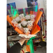 Umay Flowers Ledli Ayıcıklar ve Beyaz Güllerden Özel Tasarım Buket Hediye