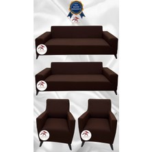 Mikro Lastikli Kaymaz Elastik Koruyucu Giydirme Koltuk Örtüsü - Kahverengi - 3+3+1+1 (4 Parça Set)