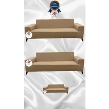 Mikro Lastikli Kaymaz Elastik Koruyucu Giydirme Koltuk Örtüsü - Sütlü Kahve - 3+3+2 (3 Parça Set)