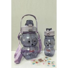 Berdina Home 2'li Şeffaf Ayıcık Matara Mor 1000+400ML Çocuk Su Şişesi Pipetli Sızdırmaz Kapaklı Suluk Seti