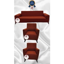 Mikro Lastikli Kaymaz Elastik Koruyucu Giydirme Koltuk Örtüsü - Kiremit - 3+1+1 (3 Parça Set)