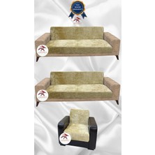 Parlak Kadife Geometrik Desenli Koruyucu Kolsuz Koltuk Örtüsü - Gold - 3+3+1 (3 Parça Set)
