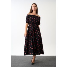 Omzu Açık Desenli Maxi Elbise