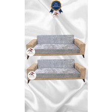 Parlak Kadife Geometrik Desenli Koruyucu Kolsuz Koltuk Örtüsü - Gümüş Gri - 3+3 (2 Parça Set)