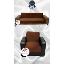 Italyan Süet Koruyucu Esnek Elastik Kolsuz Koltuk Örtüsü - Kahverengi - 3+1 (2 Parça Set)