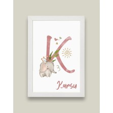 Kidilia K Harfli Bebek Odası Beyaz Duvar Tablosu Kişiye Özel Sevimli Hayvancıklar Tasarımlı 21X30CM