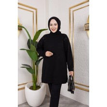 Ebrita Moda Bisklet Yaka Kolu Siyah Taş Detaylı Tunik