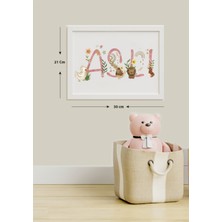 Kidilia Kişiye Özel Isimli Bebek Odası Duvar Tablosu Sevimli Hayvancıklar Tasarımlı Beyaz Çerçeveli 30X21CM