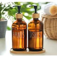 Vento Store Cam Dispenser Seti – 2’li Amber Şişe (Hands & Dishes Etiketli), Bambu Kapaklı, Sıvı Sabun & Deterjan