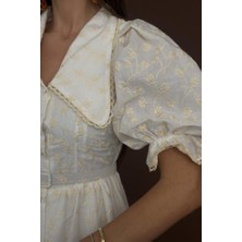 Mericline Bej Bebe Yaka Balon Kollu Brode Elbise