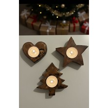 Tolga's Workshop El Yapımı Yıldız, Kalp ve Çam Ağacı Figürlü 3’lü Ahşap Masa Mumluğu Seti – Mum Dahil
