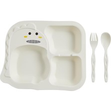 Vento Store Flybee Kaptan Dinomini 3 Bölmeli Eğlenceli Beslenme Tabağı, Mama Tabağı, Çatal Kaşık Seti (Beyaz)