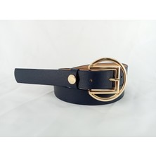 Azze 2,5 cm Ince Suni Deri,lacivert Renk Kemer – Altın Renk Toka ve Aksesuar Detaylı Şık Tasarım