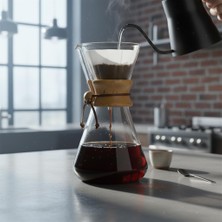 Chemex Tarzı Cam Kahve Demleme Karafı 600 ml | Borosilikat Isıya Dayanıklı, Ahşap Manşetli | Pour Ov