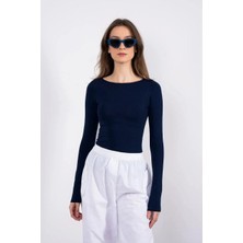 Kadın Lacivert Kayık Yaka Uzun Kol Body