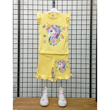 Kısa Kollu Boynuzlu At Desenli Pamuk Kız Çocuk Şortlu Alt Üst Takım