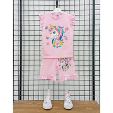 Kısa Kollu Boynuzlu At Desenli Pamuk Kız Çocuk Şortlu Alt Üst Takım