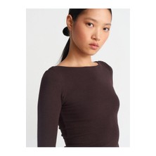 Kadın Acı Kahve Kayık Yaka Uzun Kol Body