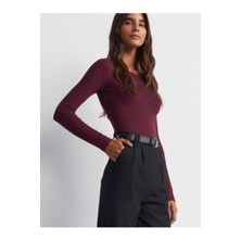 Kadın Bordo Kayık Yaka Uzun Kol Body