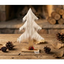 Dekoratif Beyaz Tüylü Ahşap Yılbaşı Ağacı (27 Cm) - Masaüstü Yeni Yıl Dekoru