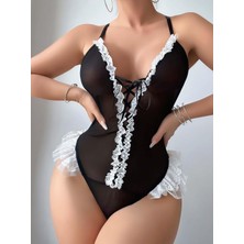 İlkyaz Fashion Arias Closet Siyah Dantel Işlemeli Sırt Dekolteli Fantezi Body