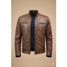 VERRA Hakiki Deri Kahverengi Eskitme Biker Erkek Mont - Kapitoneli Slim Fit Deri Ceket