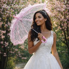 Atay Garage Şemsiye (Gelin-Düğün-Özel Günler Icin) Pembe Düz Renk Dantelli 60-58 Boyutlarinda