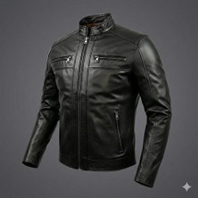 VERRA Siyah Hakiki Deri Erkek Mont - Fermuar Detaylı Hakim Yaka Spor Kesim