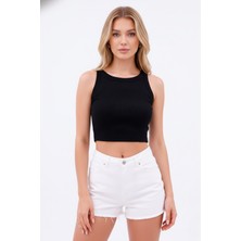 Euro Class Kadın Siyah Halter Yaka Omuz Dekolteli Pencere Detaylı Pamuklu Fitilli Kaşkorse Crop Bluz