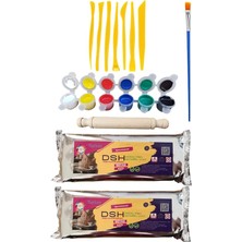 Doğal Seramik Hamuru 2li Seramik Başlangıç Seti 6-7li Ebeşuar,2 Adet 1000 gr Kil Hamuru ve 6'lı Boya ve Fırça ve Merdane Beyaz