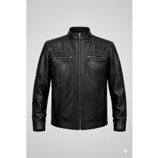 VERRA Erkek Siyah Hakiki Deri Mont - Hakim Yaka Fermuarlı Cepli Mevsimlik Ceket